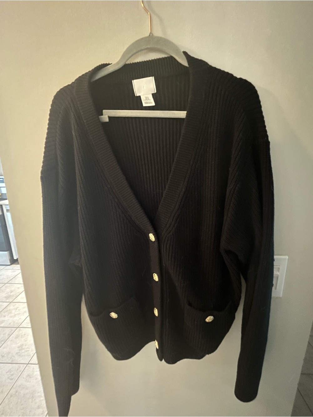 H&M Black Ribbed Cardigan with Gold-Tone Buttons